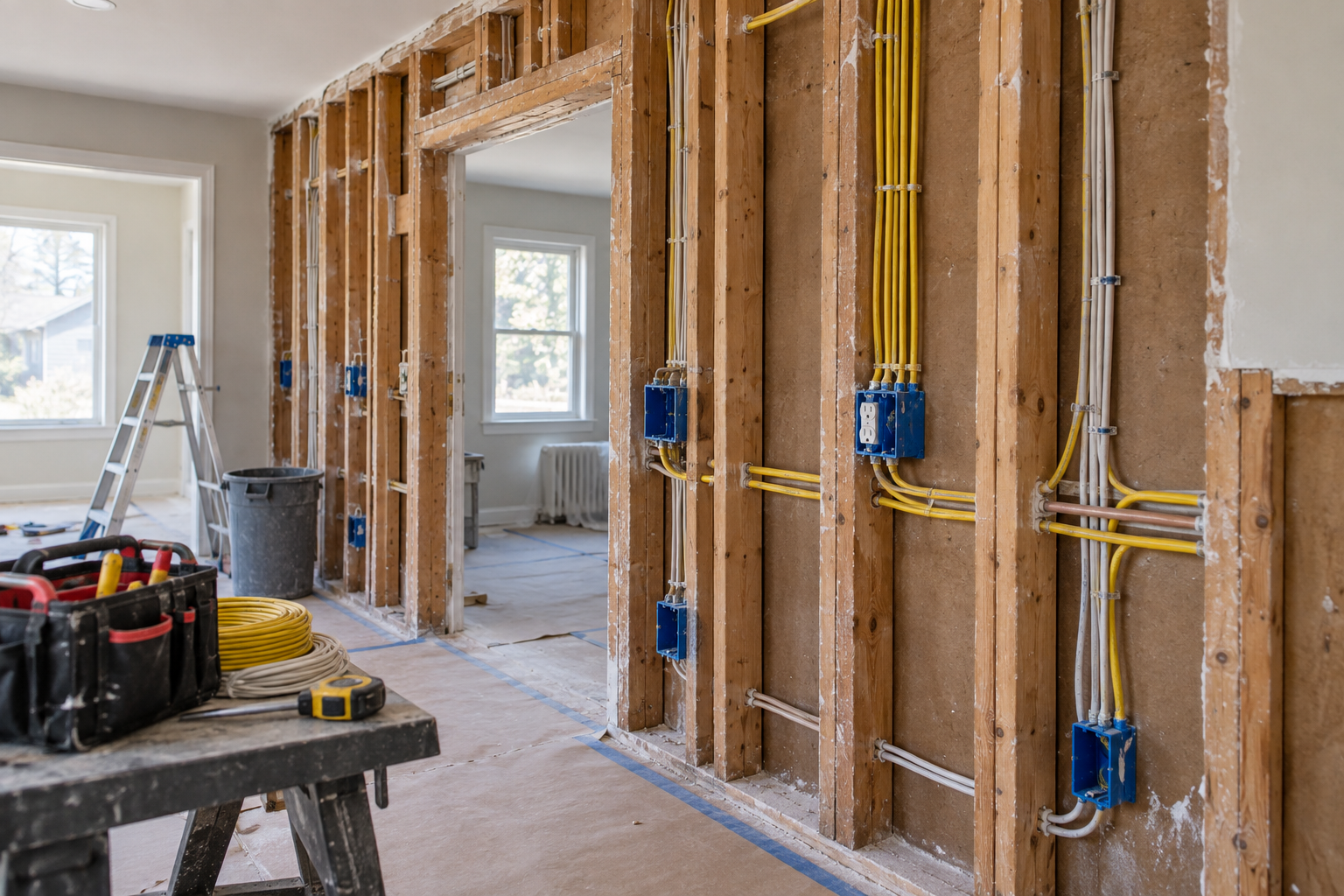 Illustration of residential rewiring during renovation